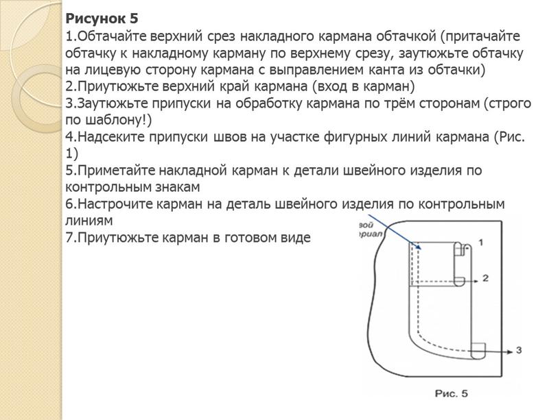 Рисунок 5 Обтачайте верхний срез накладного кармана обтачкой (притачайте обтачку к накладному карману по верхнему срезу, заутюжьте обтачку на лицевую сторону кармана с выправлением канта…