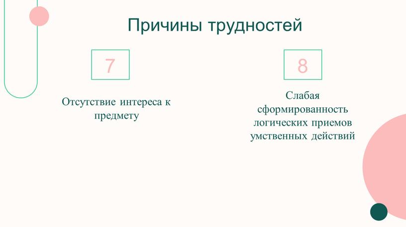 Причины трудностей 7 8 Слабая сформированность логических приемов умственных действий