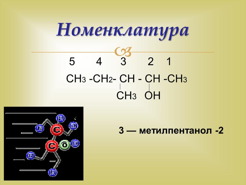Номенклатура 3 — метилпентанол -2 5 4 3 2 1