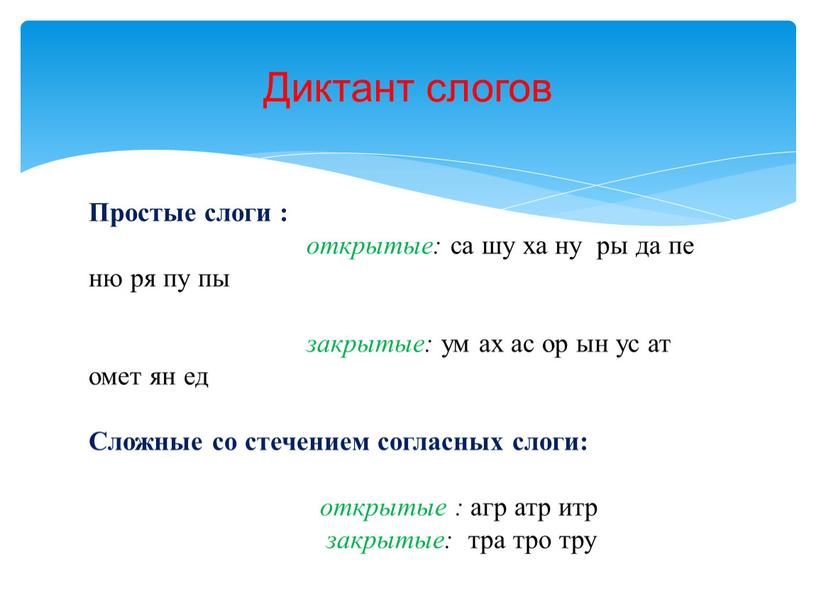 Диктант слогов Простые слоги : открытые: са шу ха ну ры да пе ню ря пу пы закрытые: ум ах ас ор ын ус ат…