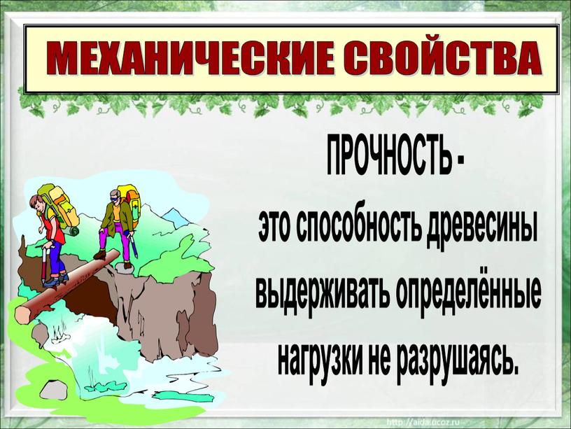 МЕХАНИЧЕСКИЕ СВОЙСТВА ПРОЧНОСТЬ - это способность древесины выдерживать определённые нагрузки не разрушаясь