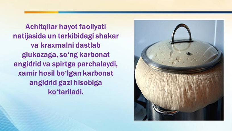 Achitqilar hayot faoliyati natijasida un tarkibidagi shakar va kraxmalni dastlab glukozaga, so‘ng karbonat angidrid va spirtga parchalaydi, xamir hosil bo‘lgan karbonat angidrid gazi hisobiga ko‘tariladi