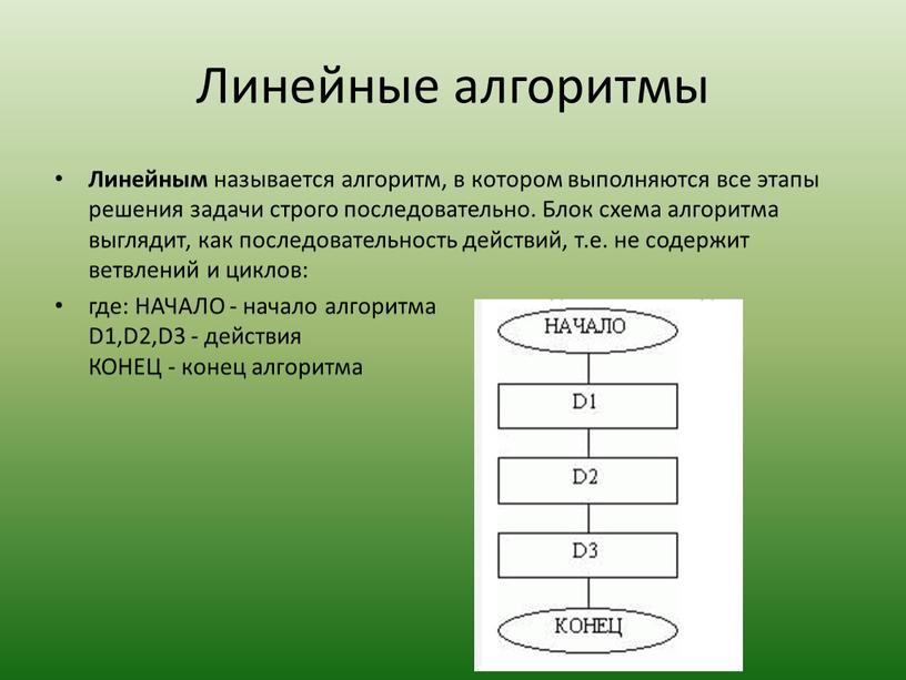 Линейные алгоритмы Линейным называется алгоритм, в котором выполняются все этапы решения задачи строго последовательно