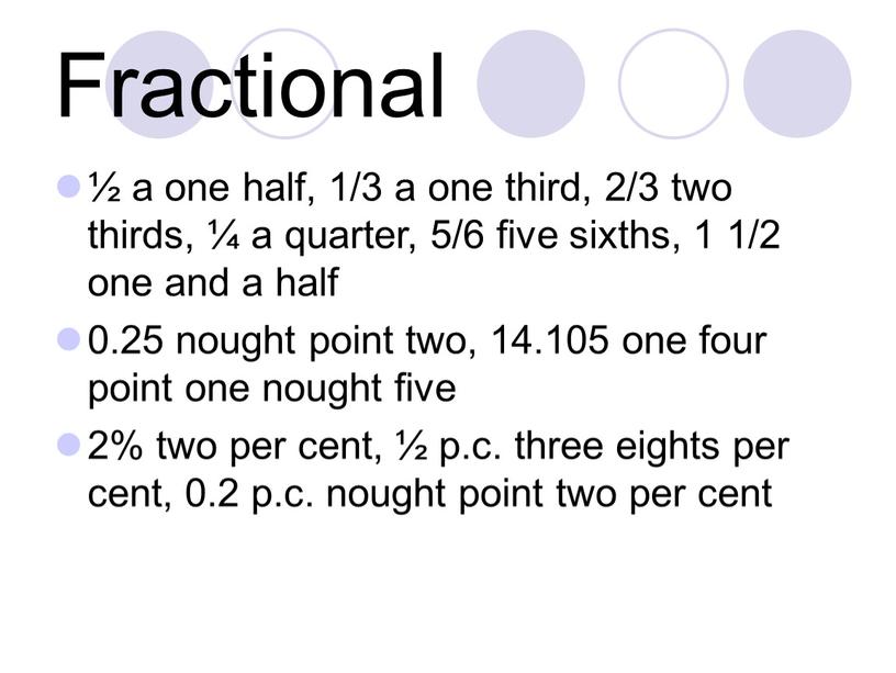 Fractional ½ a one half, 1/3 a one third, 2/3 two thirds, ¼ a quarter, 5/6 five sixths, 1 1/2 one and a half 0