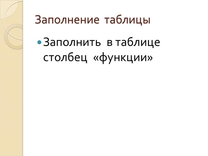 Заполнение таблицы Заполнить в таблице столбец «функции»