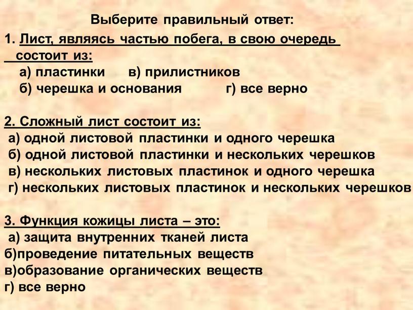 Лист, являясь частью побега, в свою очередь состоит из: а) пластинки в) прилистников б) черешка и основания г) все верно 2