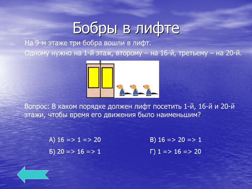 Бобры в лифте На 9-м этаже три бобра вошли в лифт