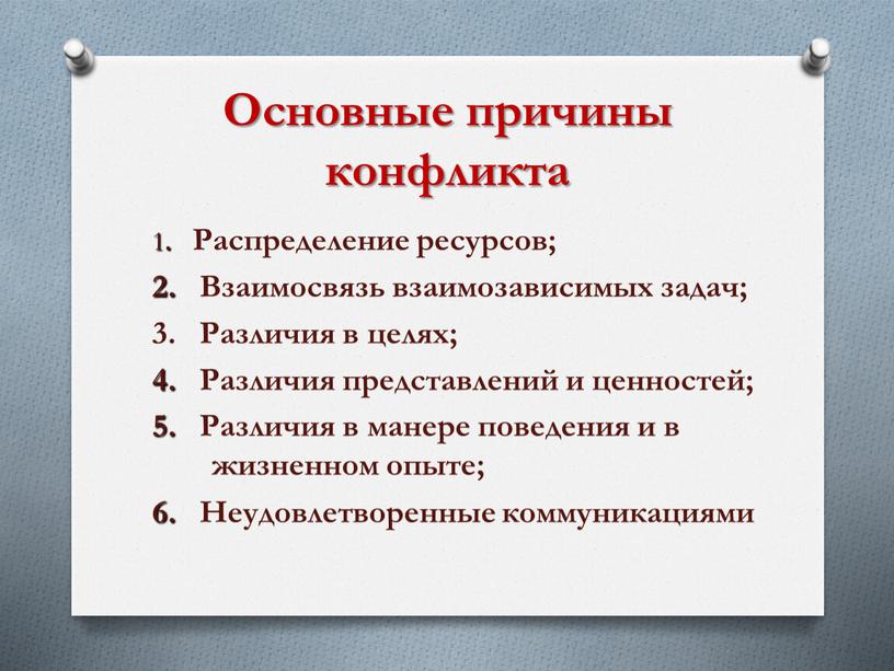 Основные причины конфликта 1 .