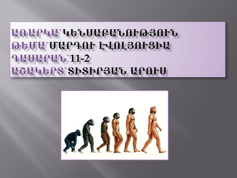 Առարկա`կենսաբանություն Թեմա`մարդու էվոլյուցիա Դասարան`11-2 Աշակերտ`Տիտիրյան Արուս