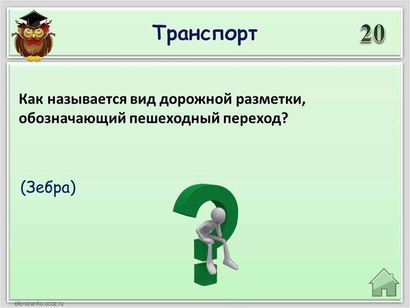 Транспорт 20 (Зебра) Как называется вид дорожной разметки, обозначающий пешеходный переход?