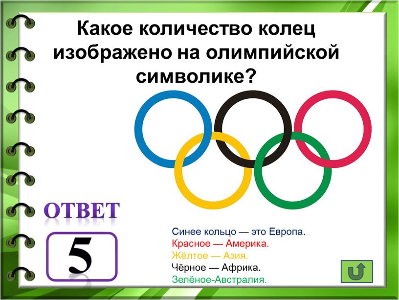 Какое количество колец изображено на олимпийской символике? ответ 5