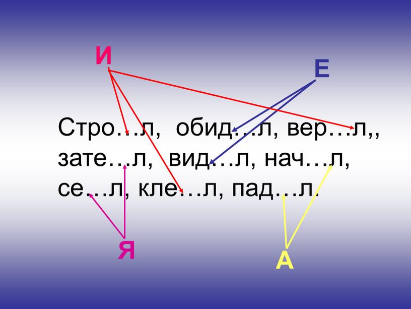 Стро…л, обид…л, вер…л,, зате…л, вид…л, нач…л, се…л, кле…л, пад…л