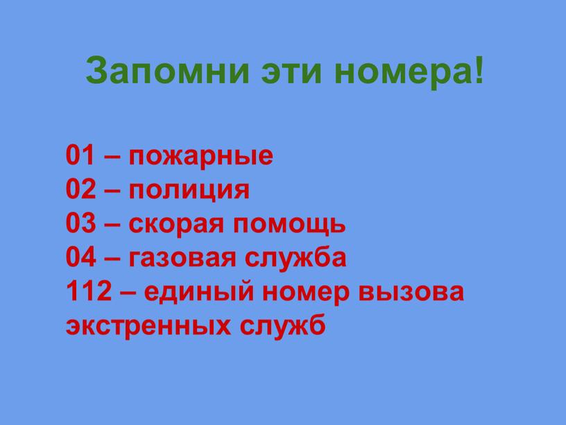 Запомни эти номера! 01 – пожарные 02 – полиция 03 – скорая помощь 04 – газовая служба 112 – единый номер вызова экстренных служб