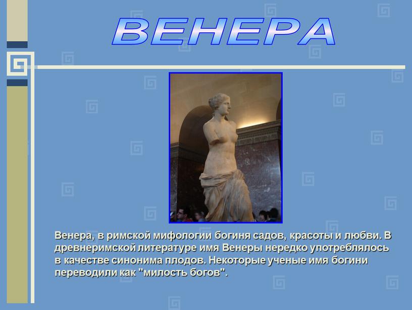 ВЕНЕРА Венера, в римской мифологии богиня садов, красоты и любви