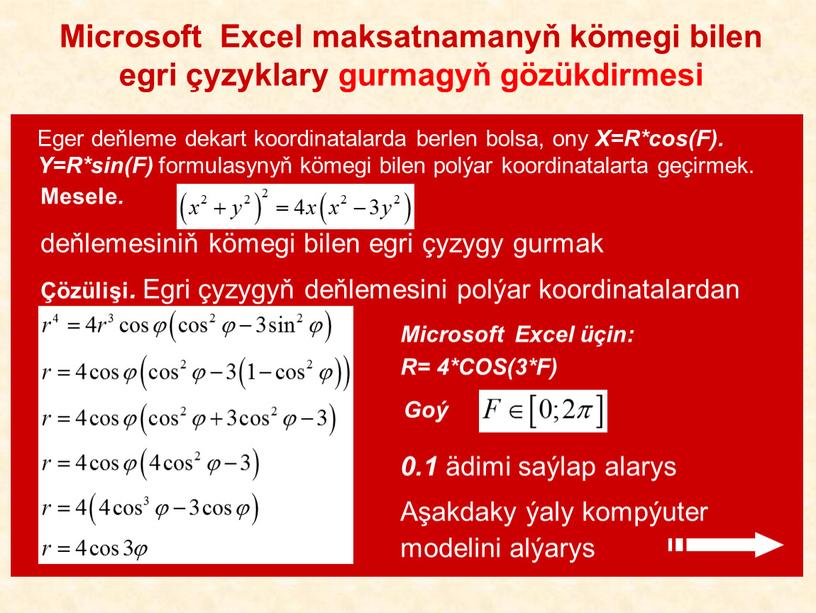 Microsoft Excel maksatnamanyň kömegi bilen egri çyzyklary gurmagyň gözükdirmesi