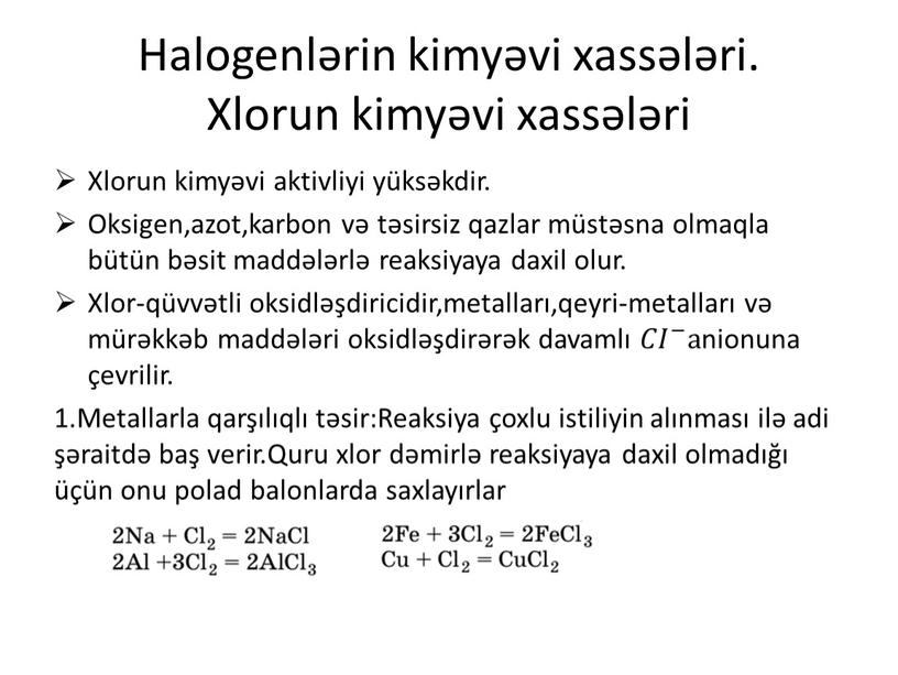 Halogenlərin kimyəvi xassələri