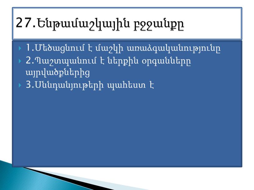 1.Մեծացնում է մաշկի առաձգականությունը 2.Պաշտպանում է ներքին օրգանները այրվածքներից 3.Սննդանյութերի պահեստ է 27.Ենթամաշկային բջջանքը