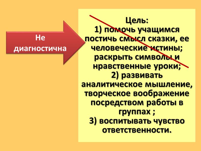 Цель: 1) помочь учащимся постичь смысл сказки, ее человеческие истины; раскрыть символы и нравственные уроки; 2) развивать аналитическое мышление, творческое воображение посредством работы в группах…