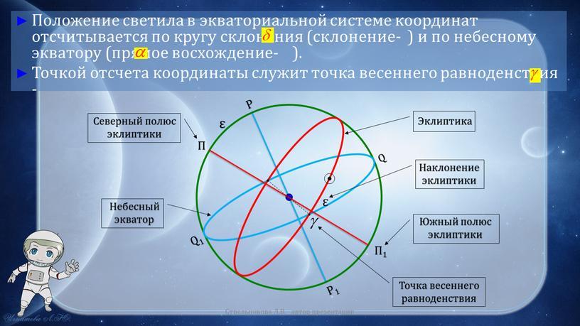 Положение светила в экваториальной системе координат отсчитывается по кругу склонения (склонение- ) и по небесному экватору (прямое восхождение- )