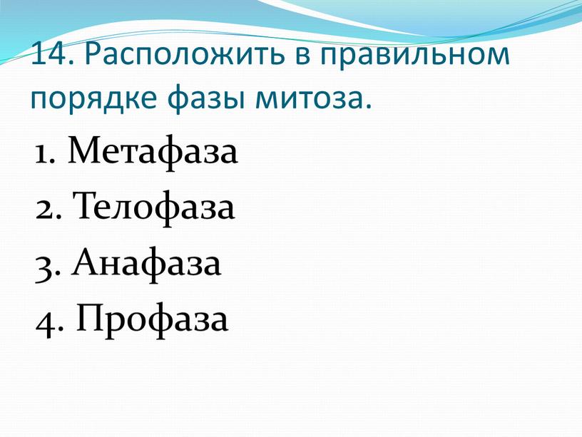 Расположить в правильном порядке фазы митоза