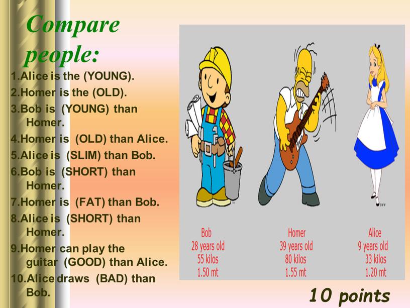 Compare people: 1.Alice is the (YOUNG)