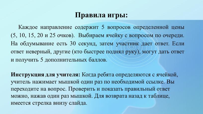 Каждое направление содержит 5 вопросов определенной цены (5, 10, 15, 20 и 25 очков)