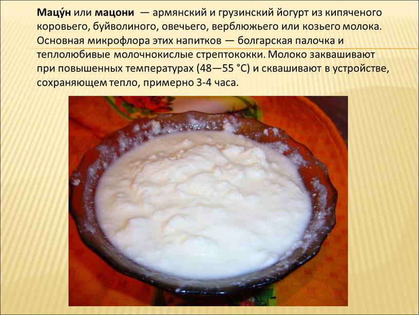 Мацу́н или мацони — армянский и грузинский йогурт из кипяченого коровьего, буйволиного, овечьего, верблюжьего или козьего молока