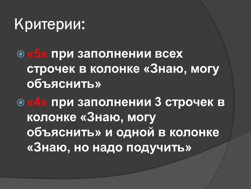 Критерии: «5» при заполнении всех строчек в колонке «Знаю, могу объяснить» «4» при заполнении 3 строчек в колонке «Знаю, могу объяснить» и одной в колонке…