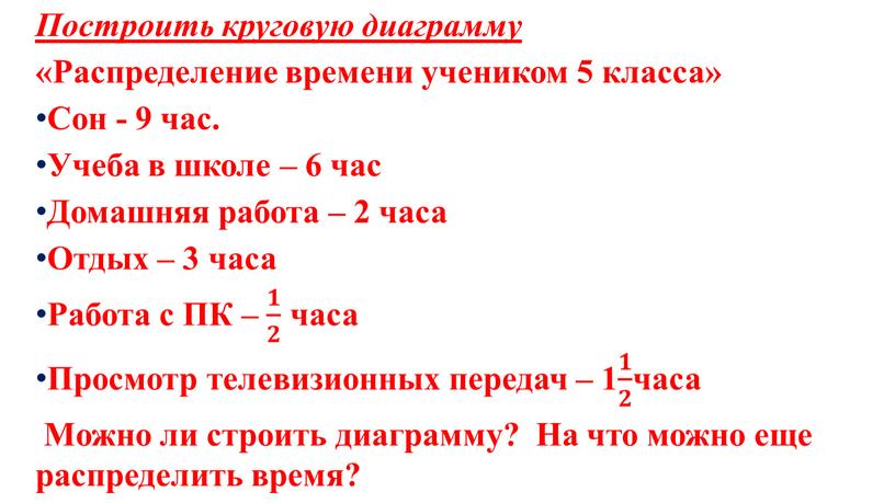 Построить круговую диаграмму «Распределение времени учеником 5 класса»