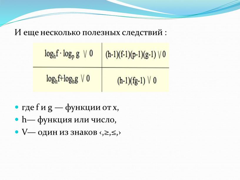 И еще несколько полезных следствий : где f и g — функции от x, h— функция или число,