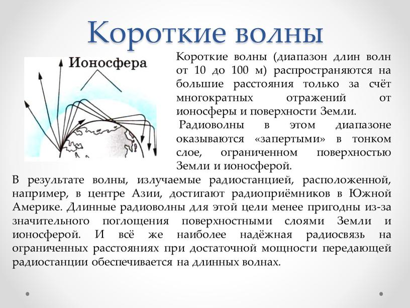 Короткие волны Короткие волны (диапазон длин волн от 10 до 100 м) распространяются на большие расстояния только за счёт многократных отражений от ионосферы и поверхности