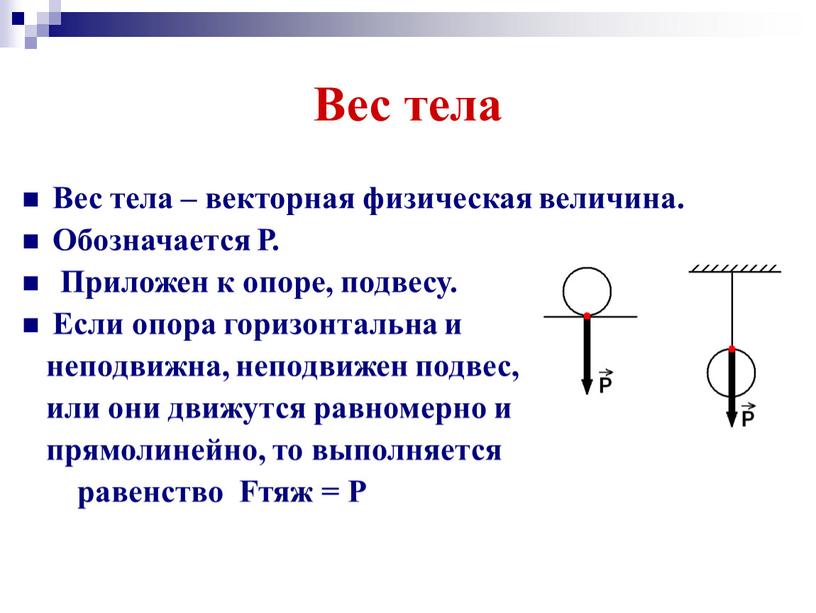 Вес тела Вес тела – векторная физическая величина