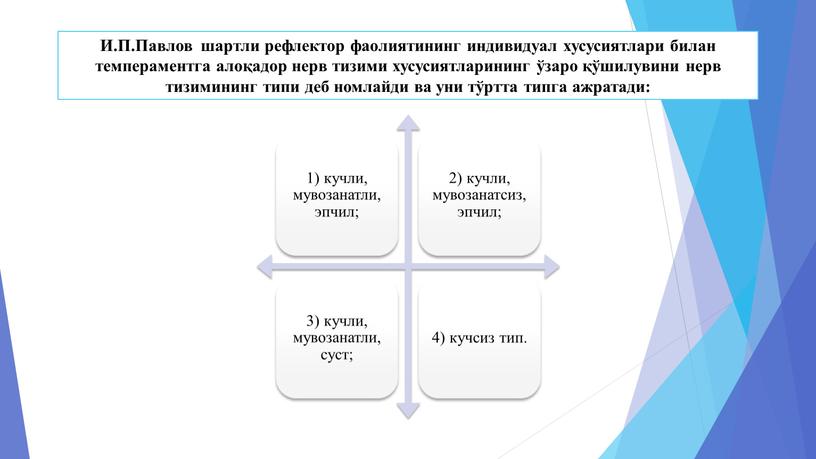 И.П.Павлов шартли рефлектор фаолиятининг индивидуал хусусиятлари билан темпераментга алоқадор нерв тизими хусусиятларининг ўзаро қўшилувини нерв тизимининг типи деб номлайди ва уни тўртта типга ажратади: