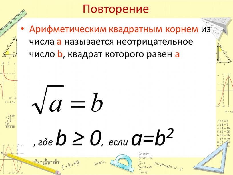 Повторение Арифметическим квадратным корнем из числа а называется неотрицательное число b, квадрат которого равен а , где b ≥ 0, если a=b2