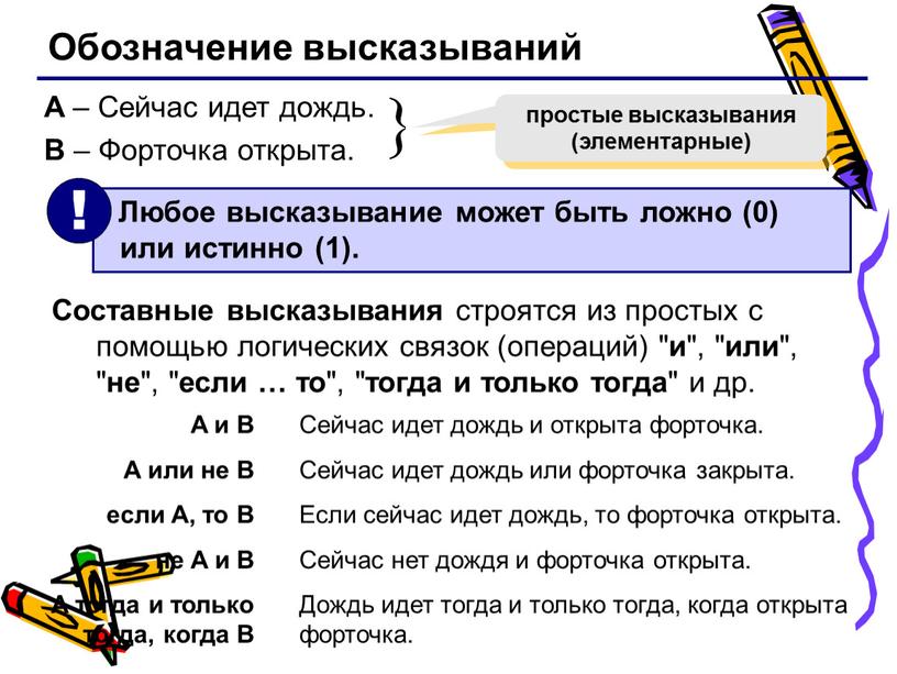 Обозначение высказываний A – Сейчас идет дождь