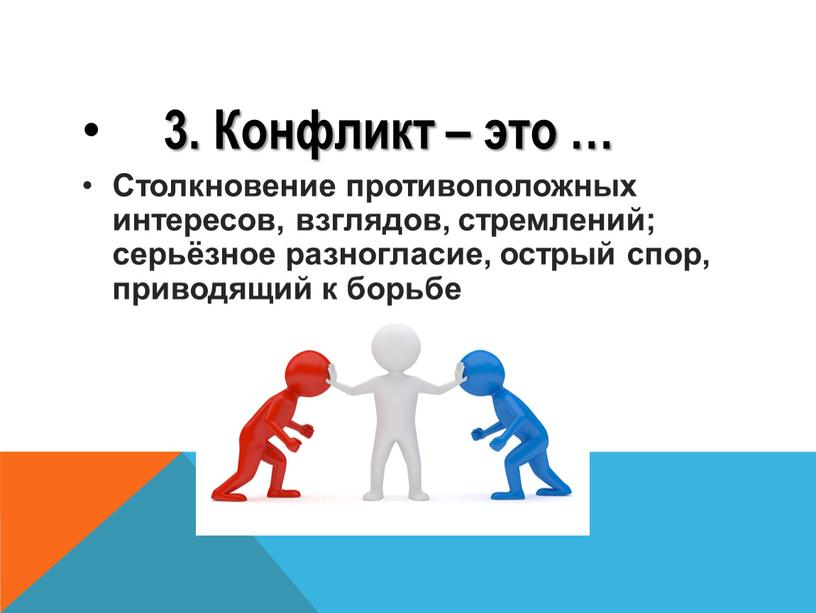 Конфликт – это … Столкновение противоположных интересов, взглядов, стремлений; серьёзное разногласие, острый спор, приводящий к борьбе