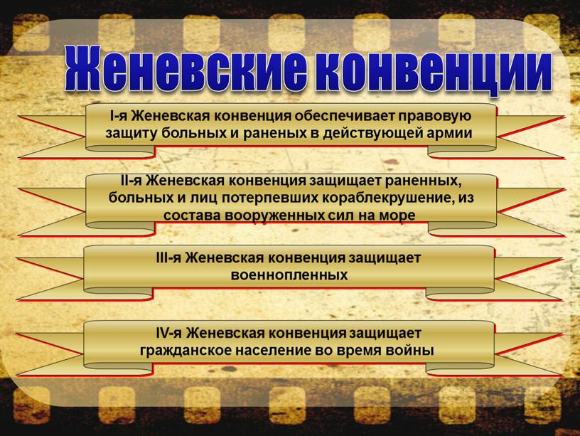 Женевские конвенции I-я Женевская конвенция обеспечивает правовую защиту больных и раненых в действующей армии