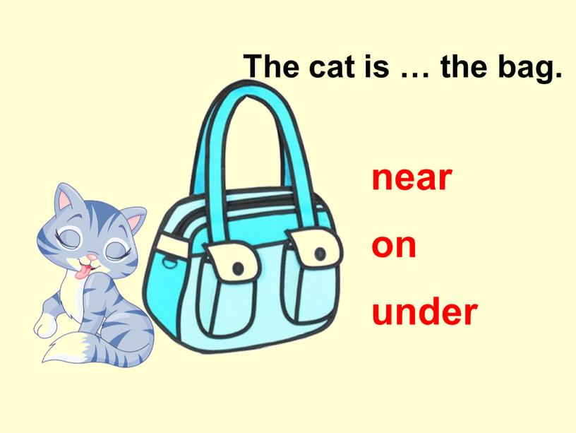 The cat is … the bag. on near under