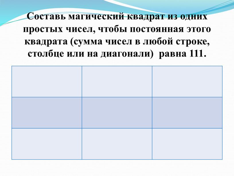 Составь магический квадрат из одних простых чисел, чтобы постоянная этого квадрата (сумма чисел в любой строке, столбце или на диагонали) равна 111