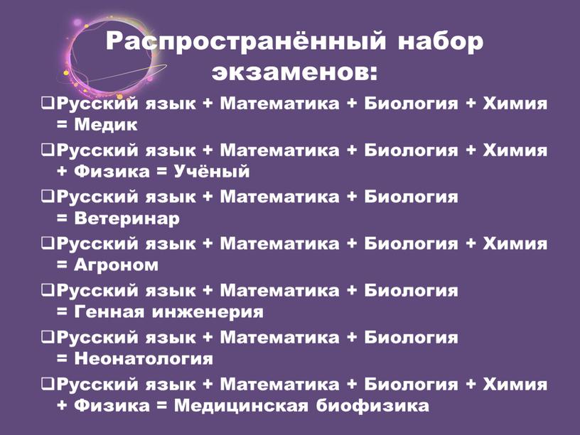 Распространённый набор экзаменов: