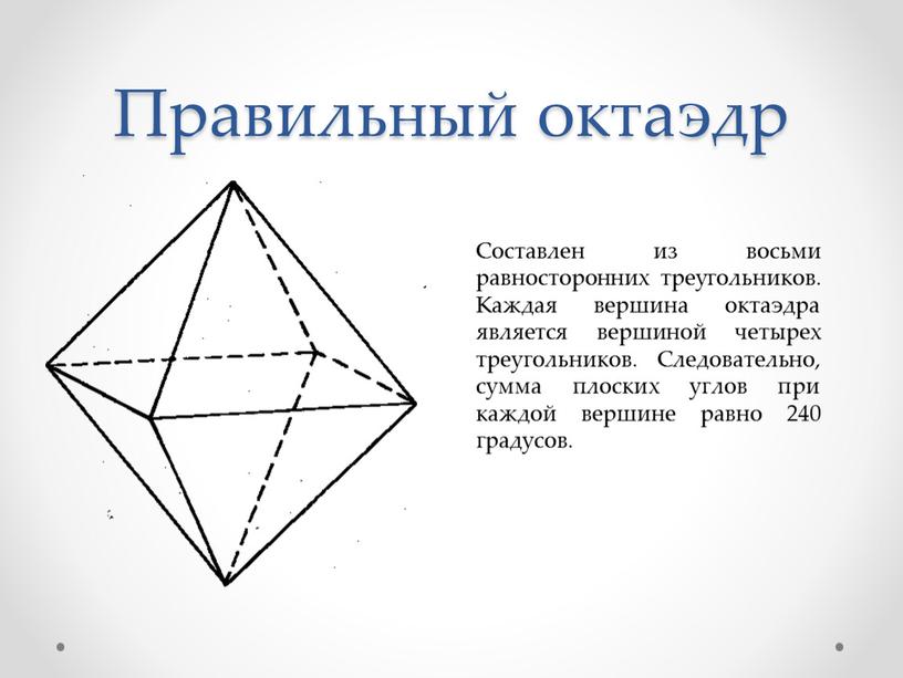 Правильный октаэдр Составлен из восьми равносторонних треугольников