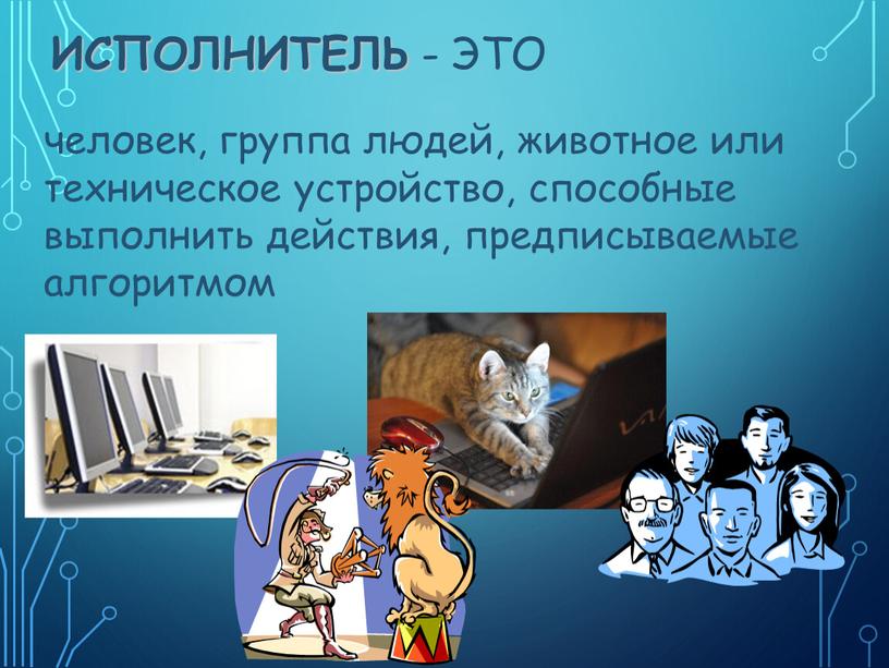 Исполнитель - это человек, группа людей, животное или техническое устройство, способные выполнить действия, предписываемые алгоритмом