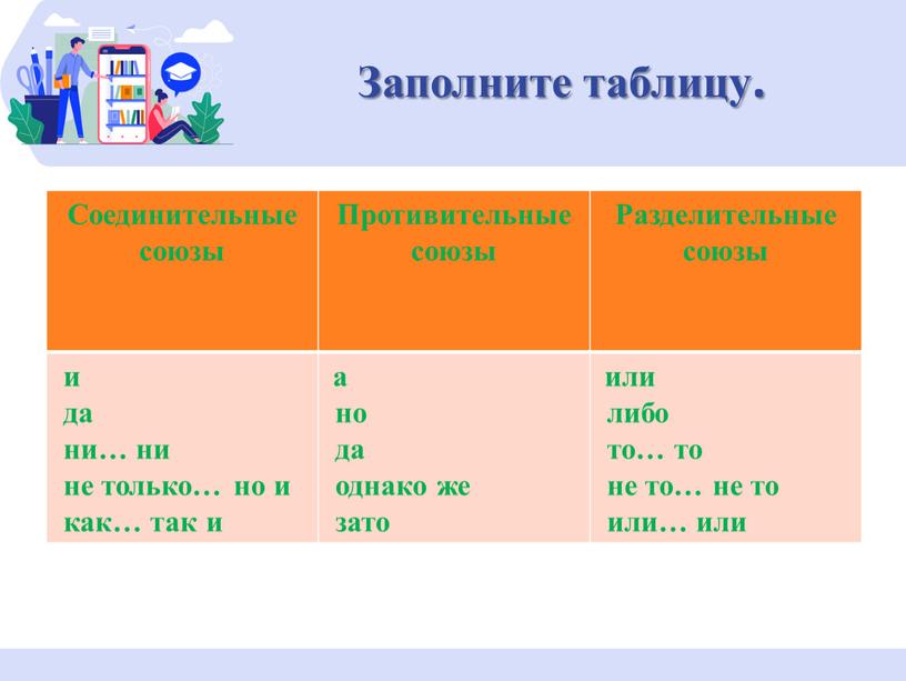 Заполните таблицу. Соединительные союзы