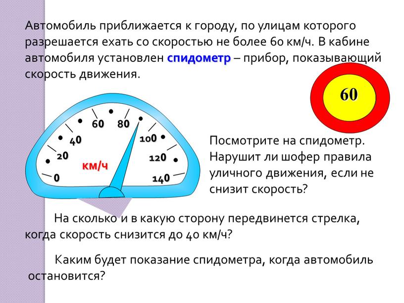 Автомобиль приближается к городу, по улицам которого разрешается ехать со скоростью не более 60 км/ч