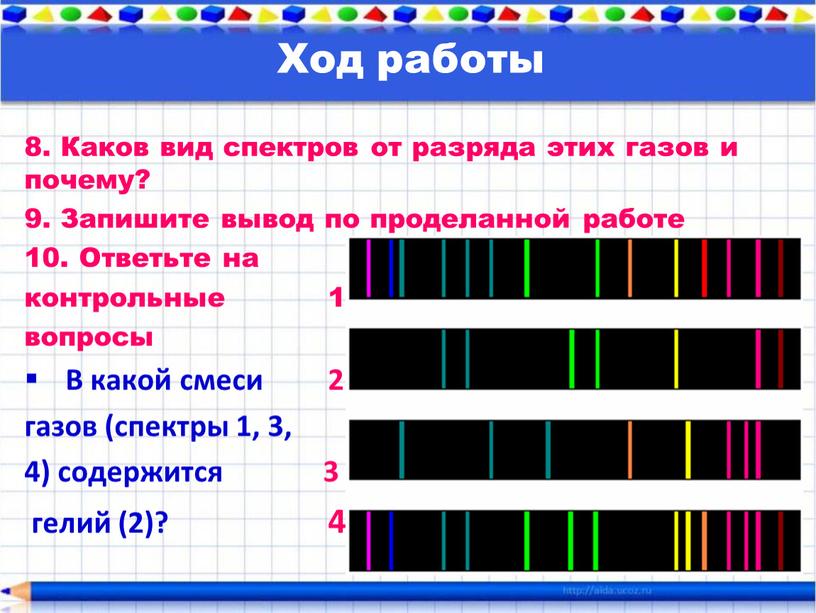 Каков вид спектров от разряда этих газов и почему? 9