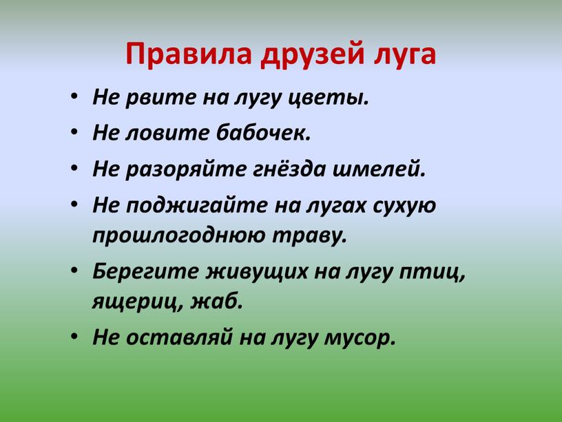 Правила друзей луга Не рвите на лугу цветы