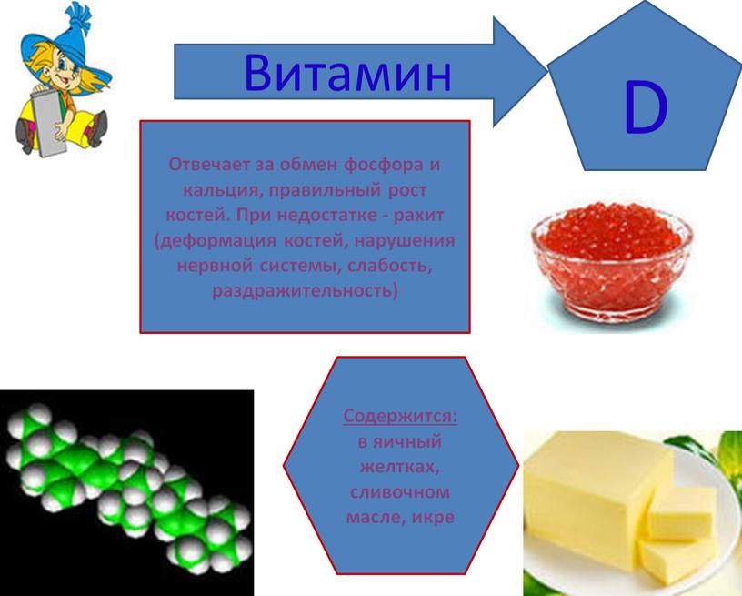 Витамин D Содержится: в яичный желтках, сливочном масле, икре