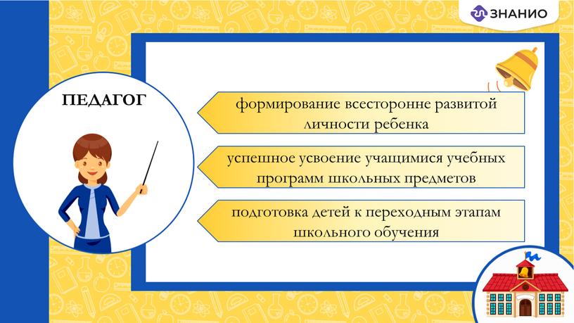 ПЕДАГОГ формирование всесторонне развитой личности ребенка успешное усвоение учащимися учебных программ школьных предметов подготовка детей к переходным этапам школьного обучения