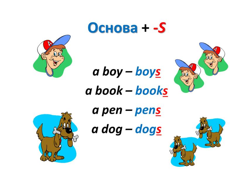 Основа + -S a boy – boys a book – books a pen – pens a dog – dogs