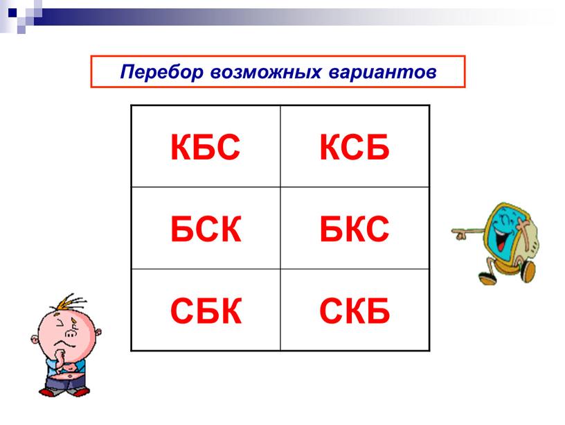 КБС КСБ БСК БКС СБК СКБ Перебор возможных вариантов